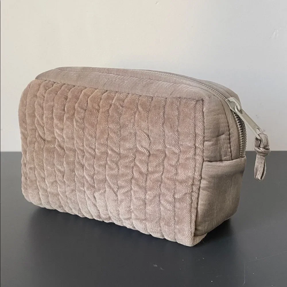 Pottery Barn Quilted Cosmetic Bag in Taupe Soft Velvet Touch Travel Vacation 